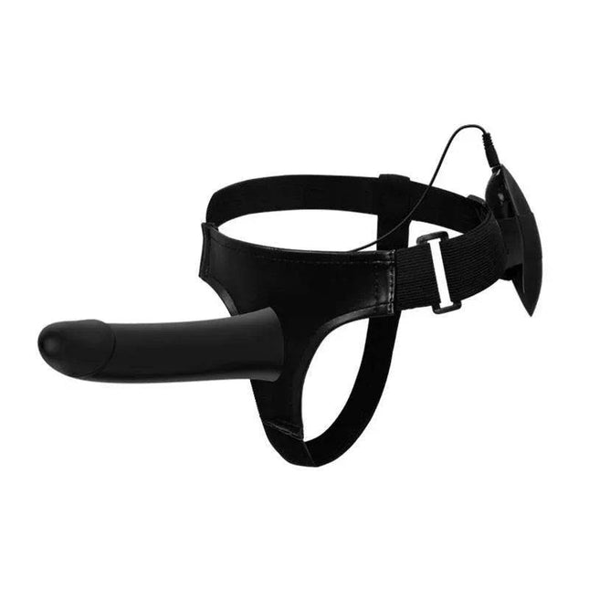 Vibrating Strap On with adjustable harness and hollow dildo designed for hands-free play and multi-speed remote control