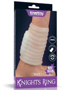 Vibrating TPE Penis Sleeve in a pale cream colour, with a soft-looking ribbed, elastic design shown on its retail box