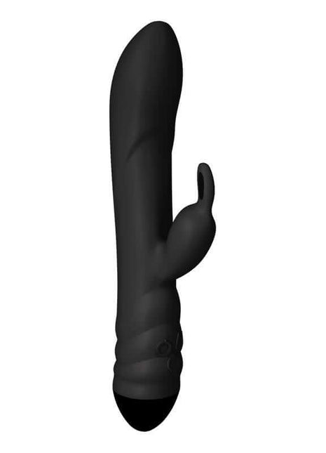 Vibrator with Rotation 360º in matte black silicone, featuring a curved shaft, raised rabbit stimulator and ridged base