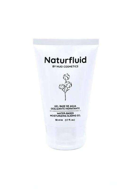Water Based Sliding Gel in a white 50 ml squeeze tube with Naturfluid branding, floral line art and black label text