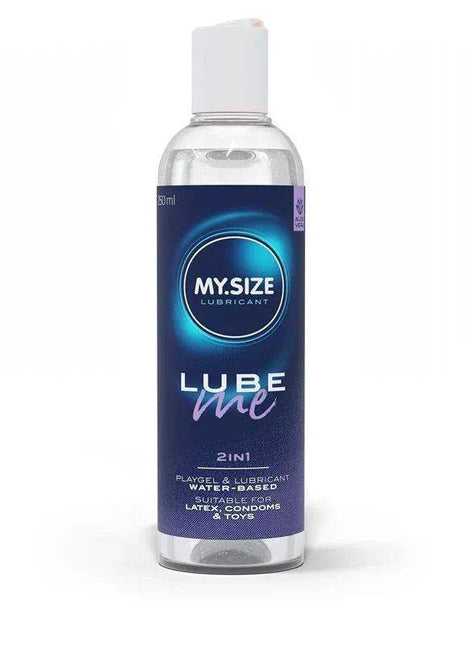 WaterBase Lube Me 2in1 water-based lubricant in a clear bottle with a dark blue label and white pump cap