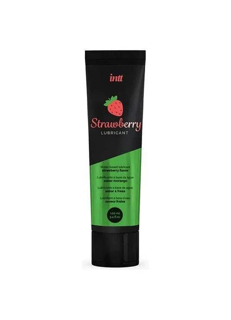 Waterbased Lubricant Strawberry in a black tube with a green label, strawberry graphic, and black cap