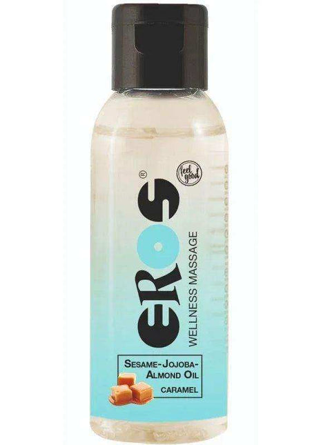 Wellness massage oil bottle with caramel scent