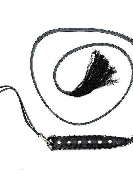 Whip Leather 130 cm with a black leather handle, silver studs, looped cord and a black fringed tail.