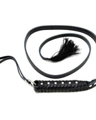Whip Leather 130 cm in black leather with a braided handle, metal eyelets, wrist loop and fine tassel tip
