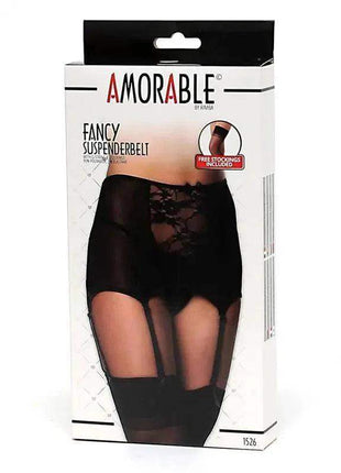 Wide Garter Belt with Stocking in black sheer fabric, featuring a floral lace panel and attached thigh-high stockings