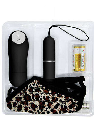 Wild Butterfly Remote Control Panty Vibrator set with black remote and bullet, leopard-print fabric, and batteries