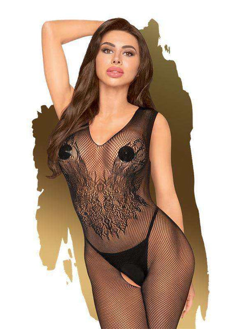 Wild Catch Bodystocking Black in sheer black fishnet with floral lace panels and a sleeveless, open-crotch design