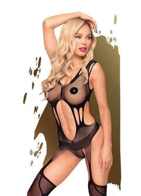 Wild Virus Bodystocking Black in sheer black fishnet with bold cutouts, opaque panels, and attached thigh-high stockings