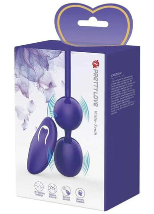 Willie Youth Vibrating kegel balls in purple ABS with a matching remote, shown on a floral-patterned retail box