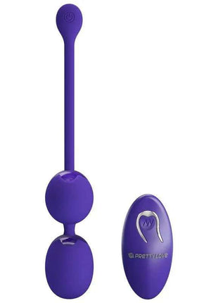 Willie Youth Vibrating kegel balls in purple with two smooth weighted spheres, a long retrieval cord and matching remote control