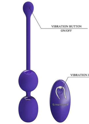 Willie Youth Vibrating kegel balls in purple silicone with a long control stem and matching oval remote