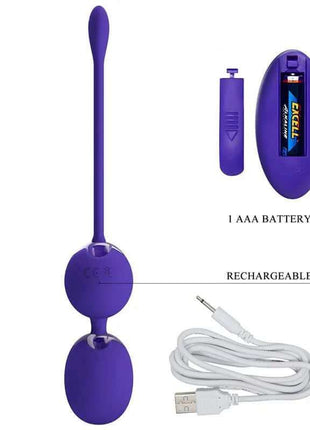 Willie Youth Vibrating kegel balls in purple with a connected string, wireless remote and USB charging cable