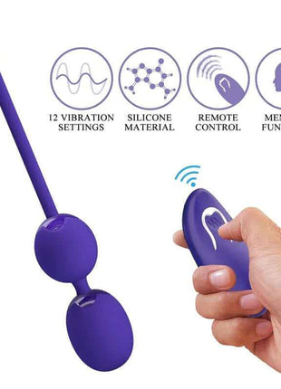 Willie Youth Vibrating kegel balls in purple silicone with a connected remote, featuring two rounded weights and a long stem.