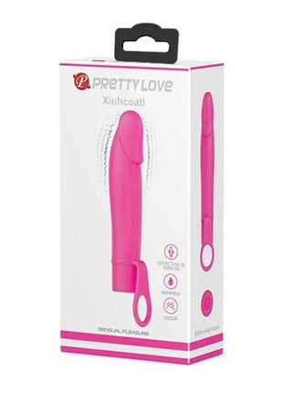 Xiuhcoatl G-spot Vibe Silicone in bright pink with a curved tip, shown on white and pink retail packaging