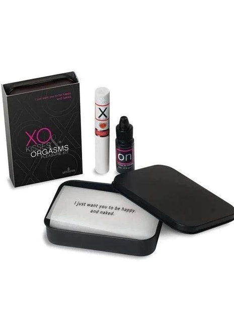 XO Kisses and Orgasms Pleasure Kit with black gift box, white and black bottles, and a message card in a case