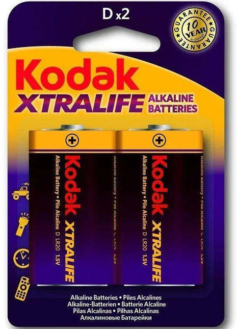 Xtralife Alkaline Battery two-pack with black and purple cells, orange tops, and yellow Kodak branding on a purple card