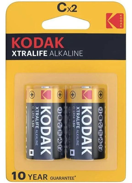 Xtralife Alkaline Battery pack with two black and gold Kodak C-size batteries in yellow blister packaging