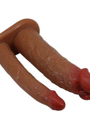 Yairon Extended Double Penis Sleeve in brown TPR, with two textured shafts and rounded red tips joined at a flared base