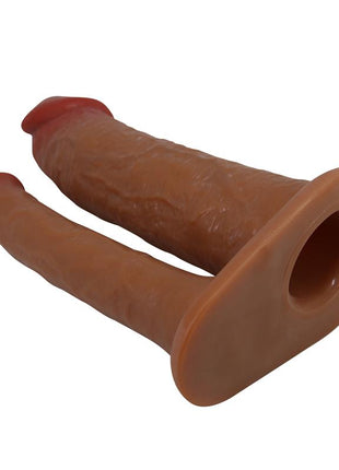 Yairon Extended Double Penis Sleeve in brown soft TPR, featuring two textured shaft forms and a wide base opening.