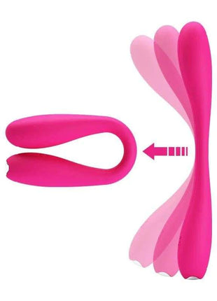 Yedda Vibrator Bendable Pink, a bright pink silicone vibrator shown straight and folded into a flexible U shape.