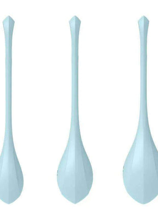 Pelvic floor training balls, Yoni Power 2 Light Blue, in three light blue tapered oval shapes with long extraction loops