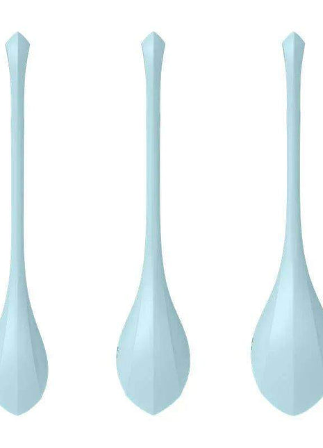 Pelvic floor training balls, Yoni Power 2 Light Blue, in three light blue tapered oval shapes with long extraction loops