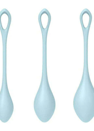 Yoni Power 2 Light Blue pelvic floor training balls in pale blue silicone, with oval bodies and long loop handles