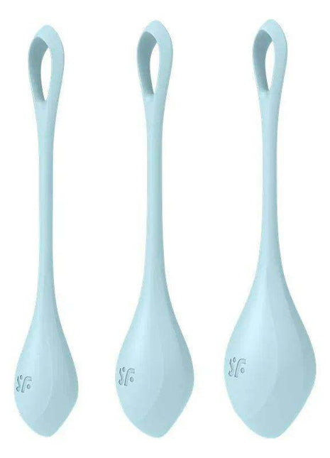 Yoni Power 2 Light Blue pelvic floor training balls in pale blue silicone, with three sizes and looped handles