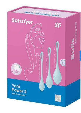 Yoni Power 2 Light Blue pelvic floor training set in pink and blue packaging, showing three light blue ribbed silicone balls
