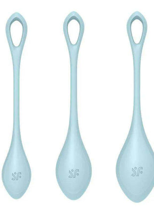 Yoni Power 2 Light Blue pelvic floor training set with three light blue silicone weights and integrated loops