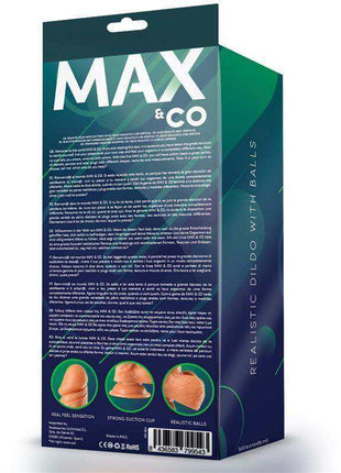 Zane Realistic Dildo retail box in dark teal and green, featuring white MAX & CO branding and realistic balls graphics